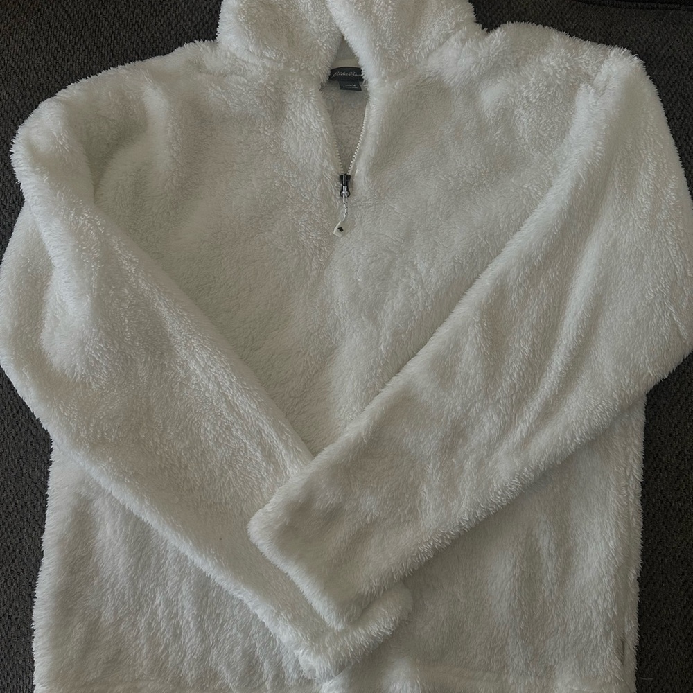 Eddie Bauer White Teddy Jacket Plush Fleece Quarter-Zip